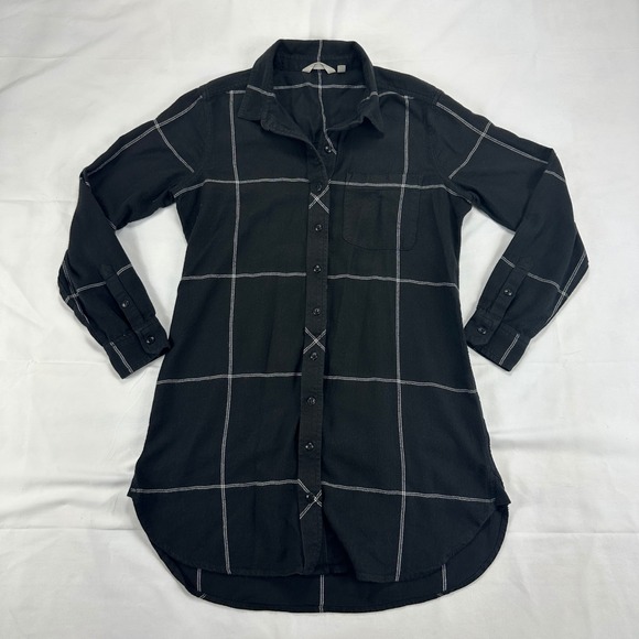 Athleta Button Down Plaid Shirt Dress Long Sleeve Black White Womens - Picture 1 of 8